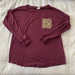 PINK VS Maroon Long Sleeve Cheetah Pocket Tee